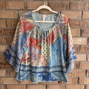 Womens Chico’s Patchwork Paisley Flowy Boho Blouse Size 2 (Large)